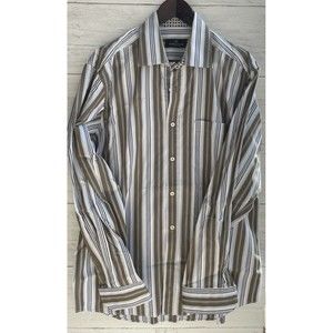 Bugatchi Shirt Mens Large Brown Tan Striped Button Up Cotton Long Sleeve Adult